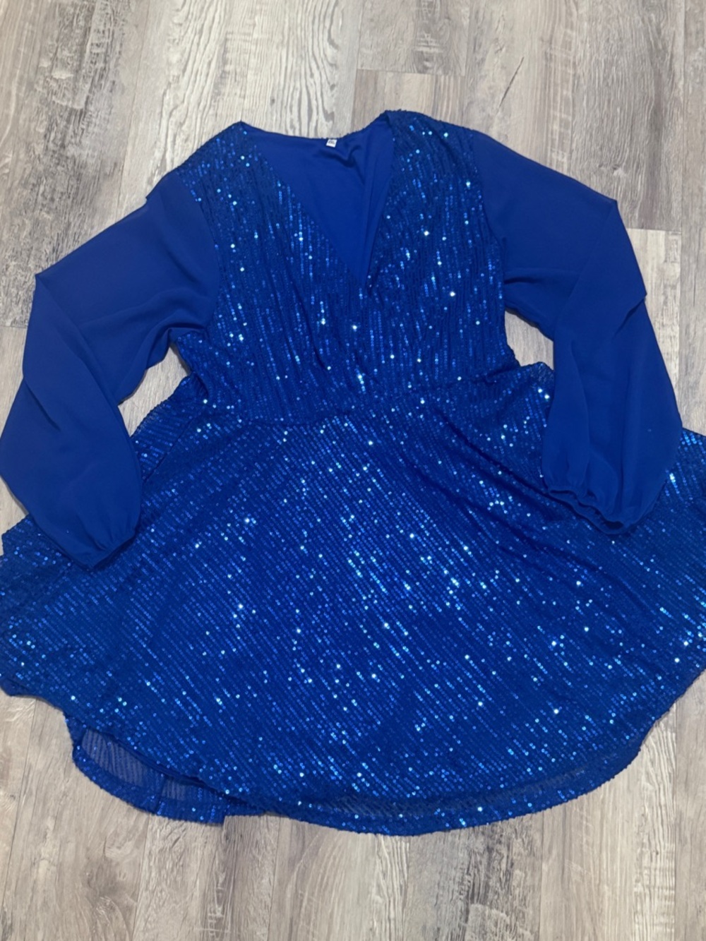 Royal Blue Sequin Mini Dress Size 2XL Long Sleeve Chiffon Wrap Plus Party